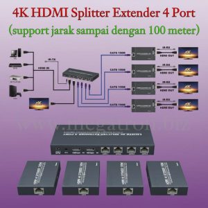 HDMI Extender via UTP Cable (4 port + IR Extender) - HDMI Splitter 1x4 - support Resolusi 4K (up to 100m)
